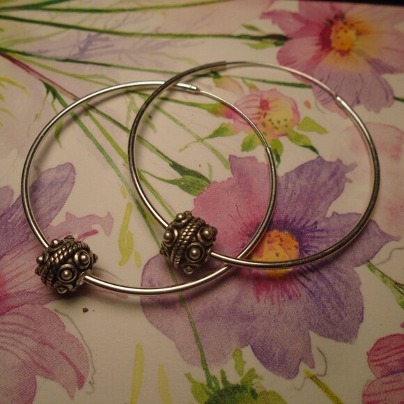 handmade 925 sterling silver 45mm  1.5" hoop earrings with Antique tibet beads - Picture 1 of 2